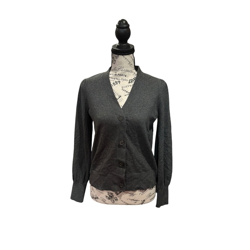 LOFT Outlet Womens Charcoal Grey V-Neck Button Front Puff Sleeve Cardigan Size S